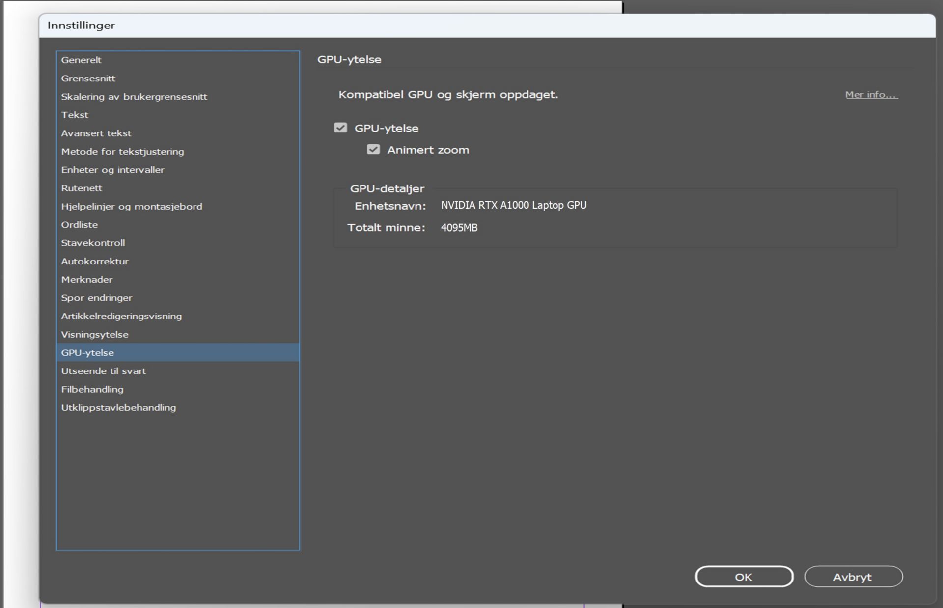 Innstillingsdialogboksen med GPU fremhevet