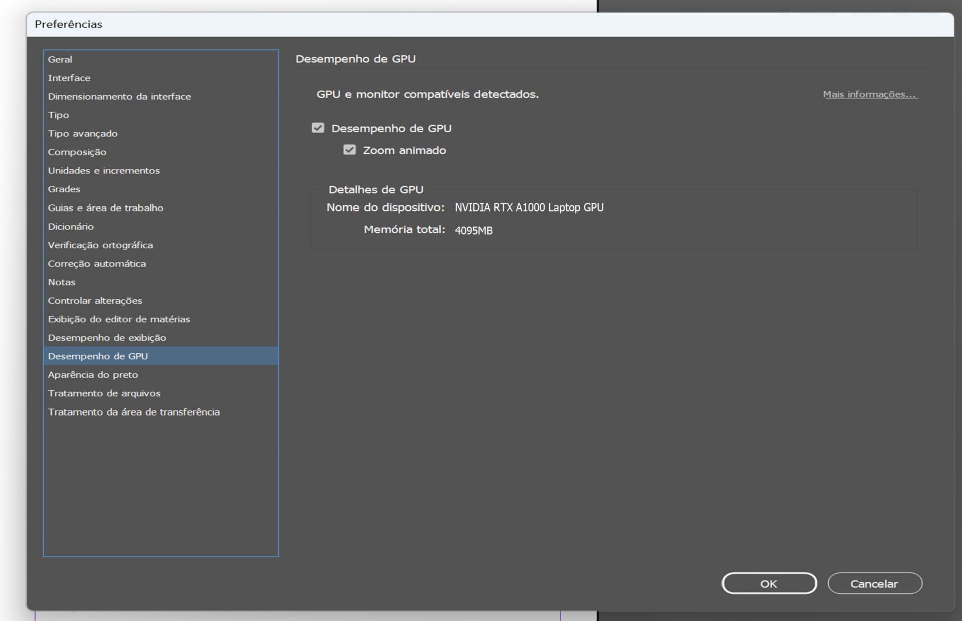 janela de preferências com destaque para GPU