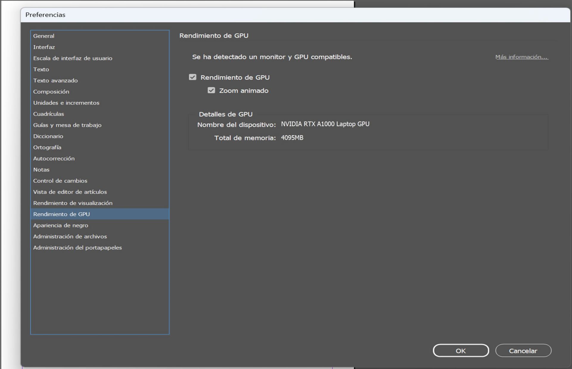 Cuadro de diálogo de preferencias con la opción de GPU resaltada