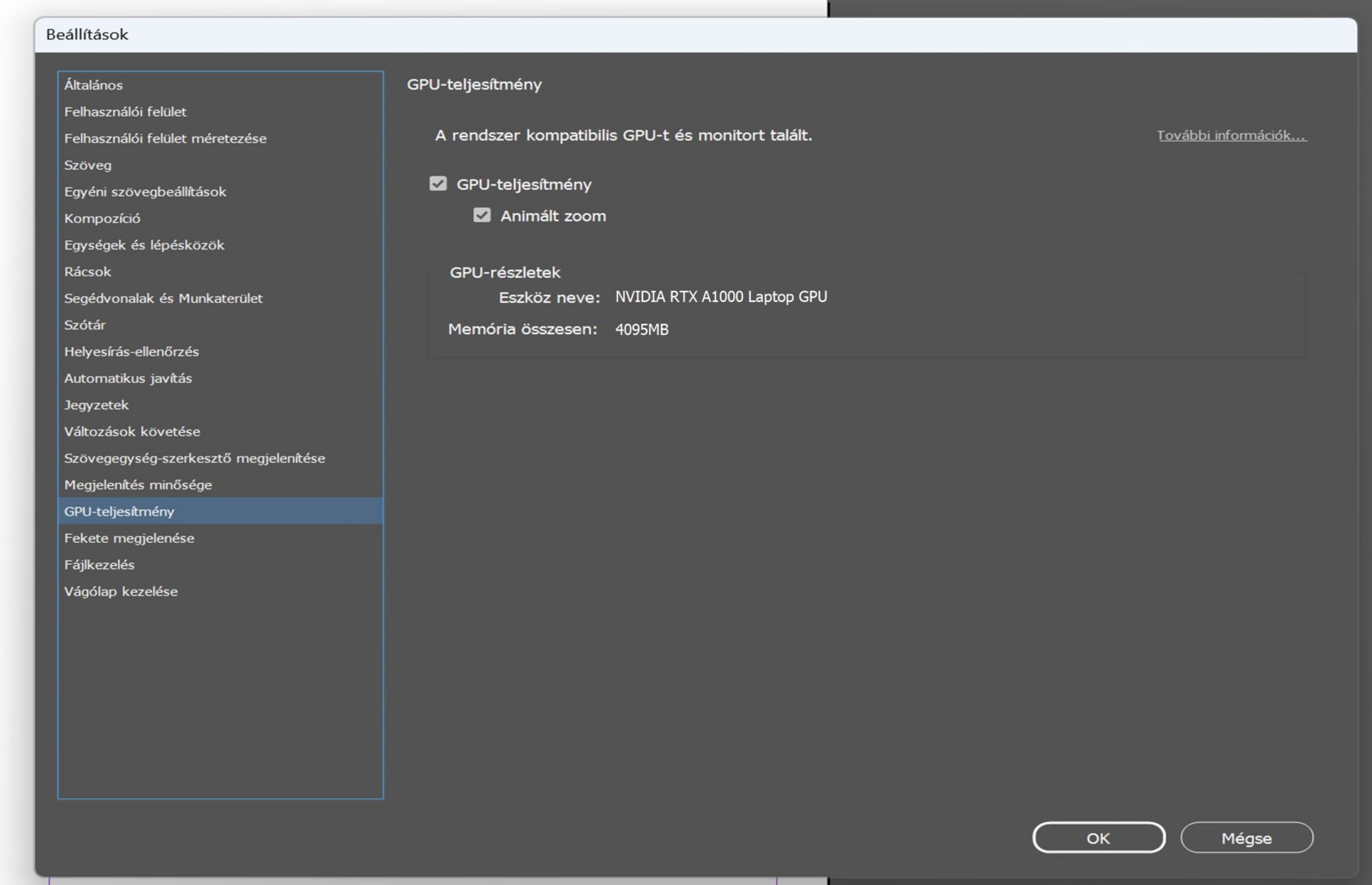 beállítások párbeszédpanel a gpu kiemelésével