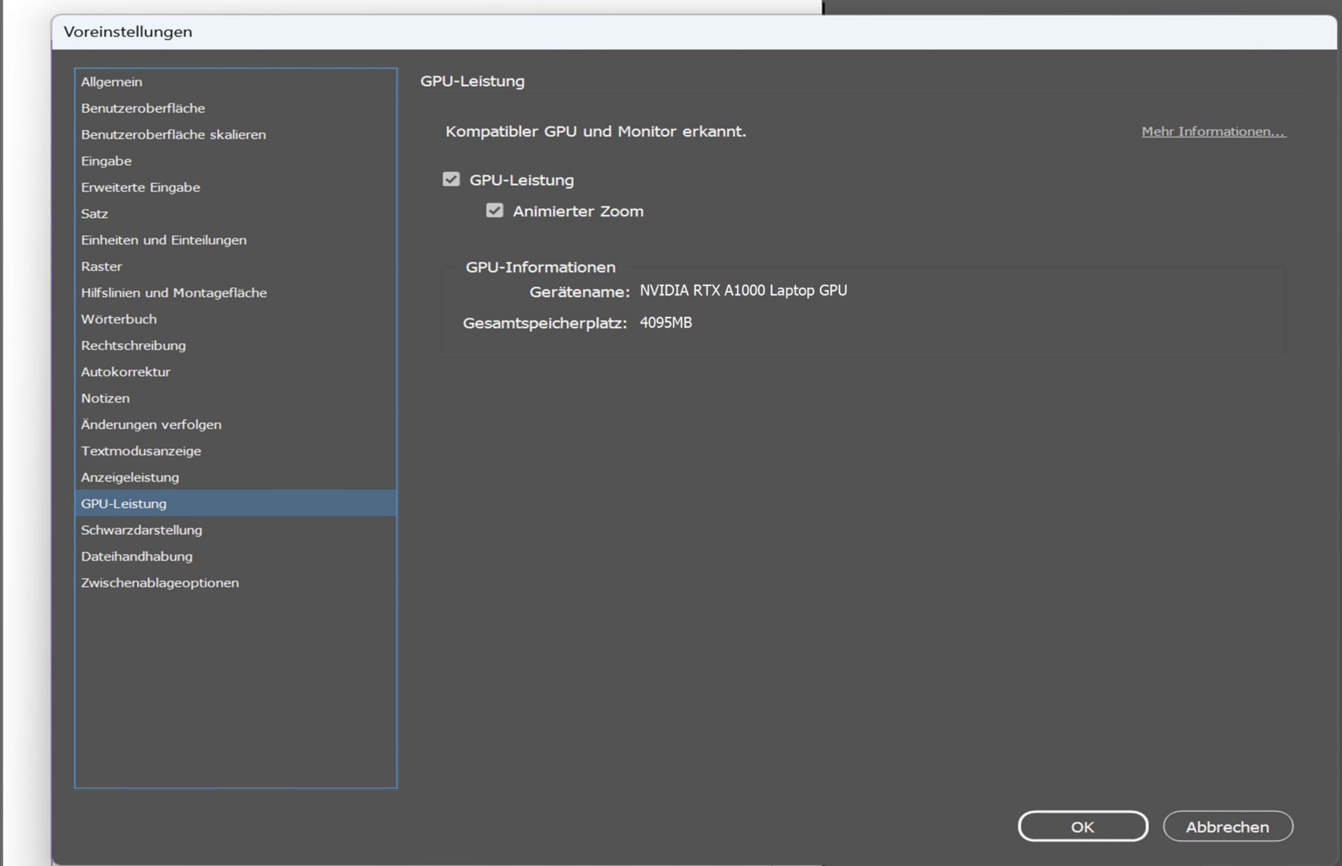 Dialogfeld „Voreinstellungen“ mit GPU-Markierung