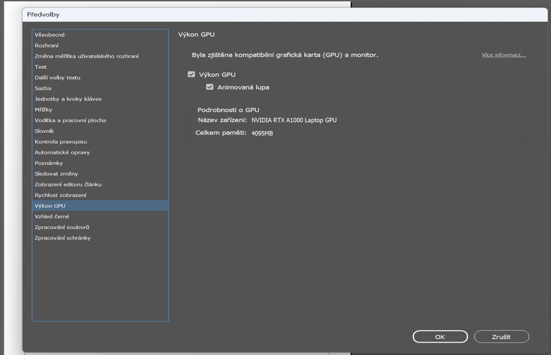 dialogové okno předvoleb zvýrazňující gpu