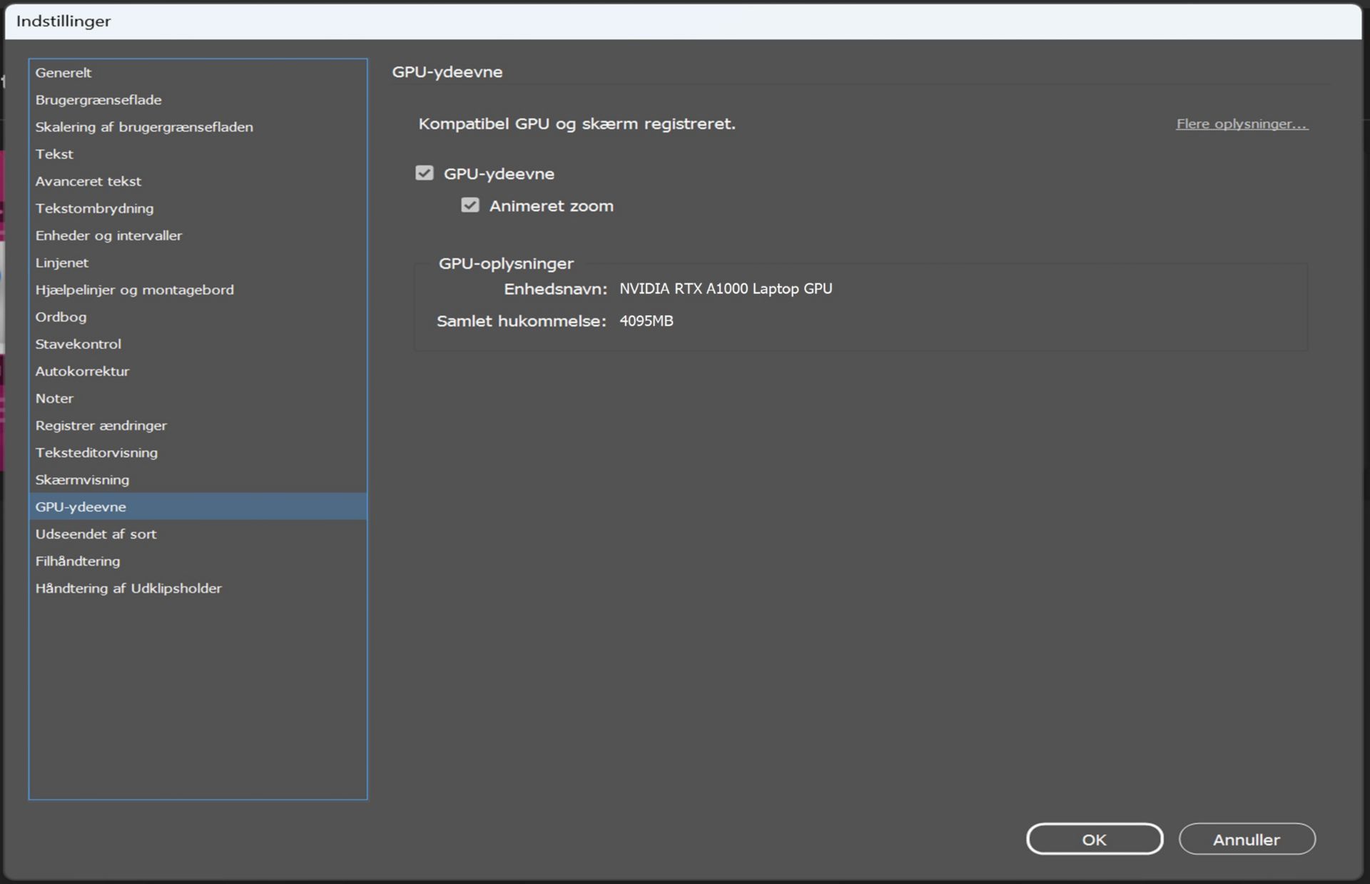dialogboksen præferencer, der fremhæver gpu
