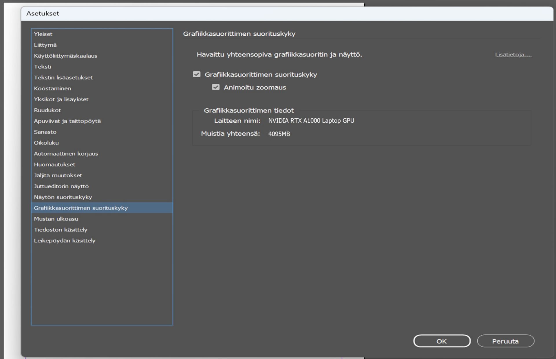 Asetukset-valintaikkuna, jossa grafiikkasuoritin näkyy korostettuna