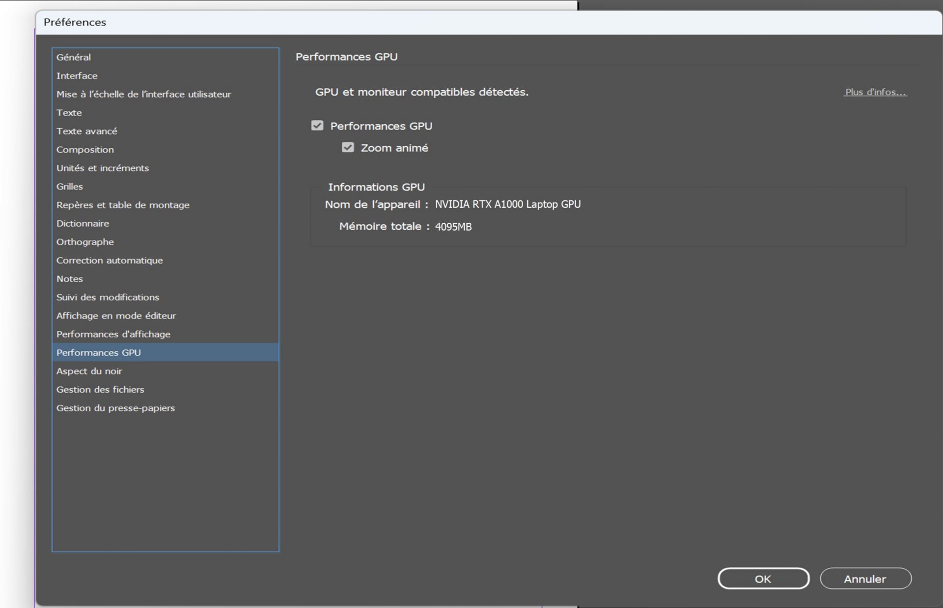 boîte de dialogue préférences mettant en surbrillance gpu