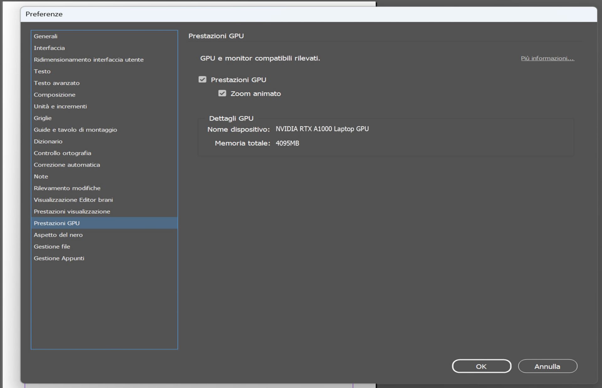 finestra di dialogo Preferenze in cui è evidenziata l'opzione GPU