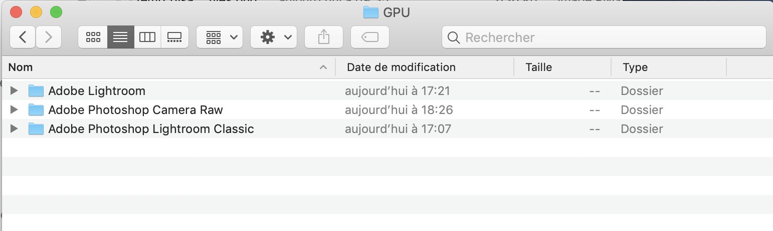 Chaque application que vous utilisez avec l’accélération GPU possède son propre dossier.