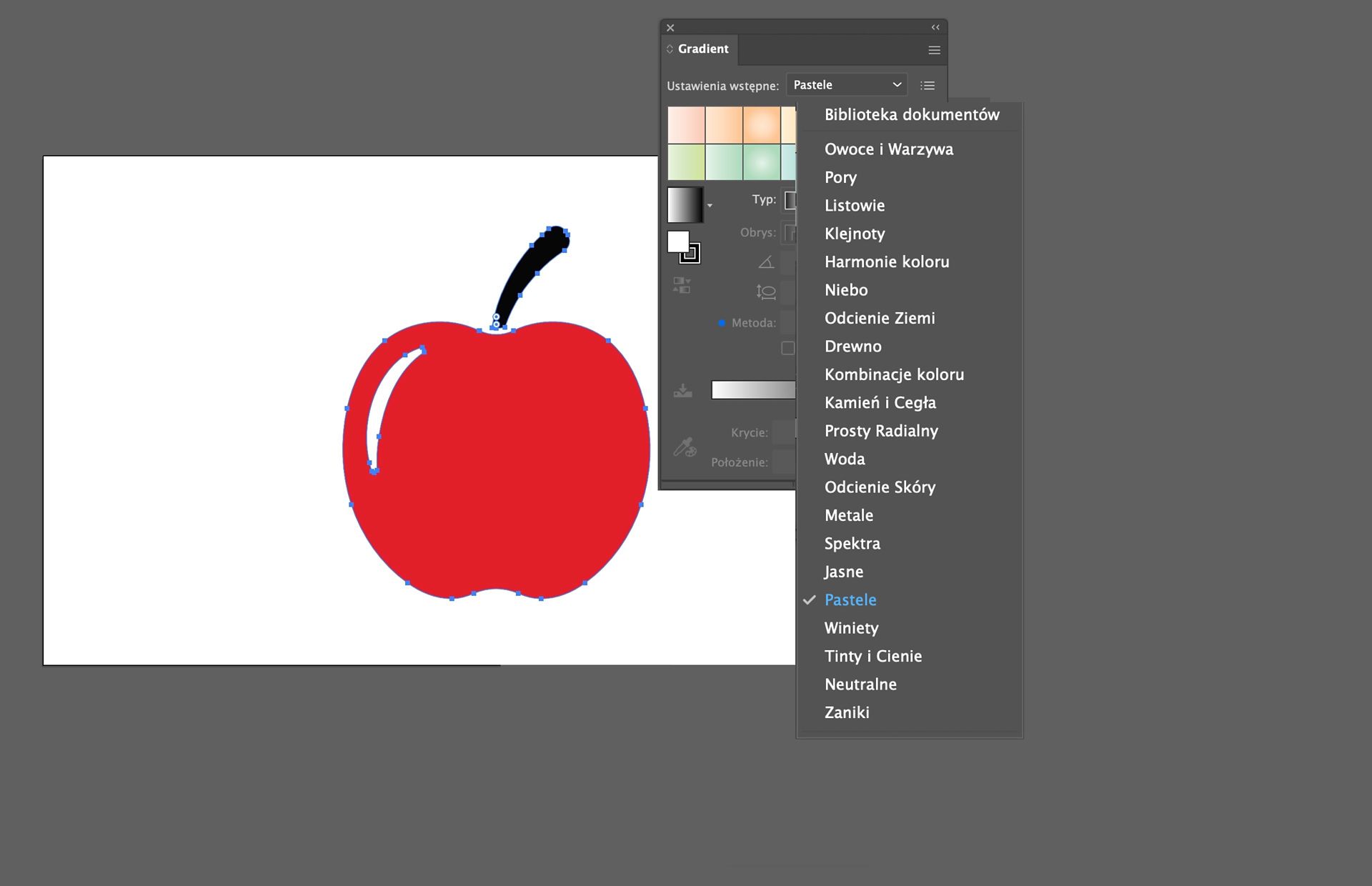 Panel Gradient z otwartym menu ustawień wstępnych, pokazujący nowe i klasyczne kolekcje gradientów.