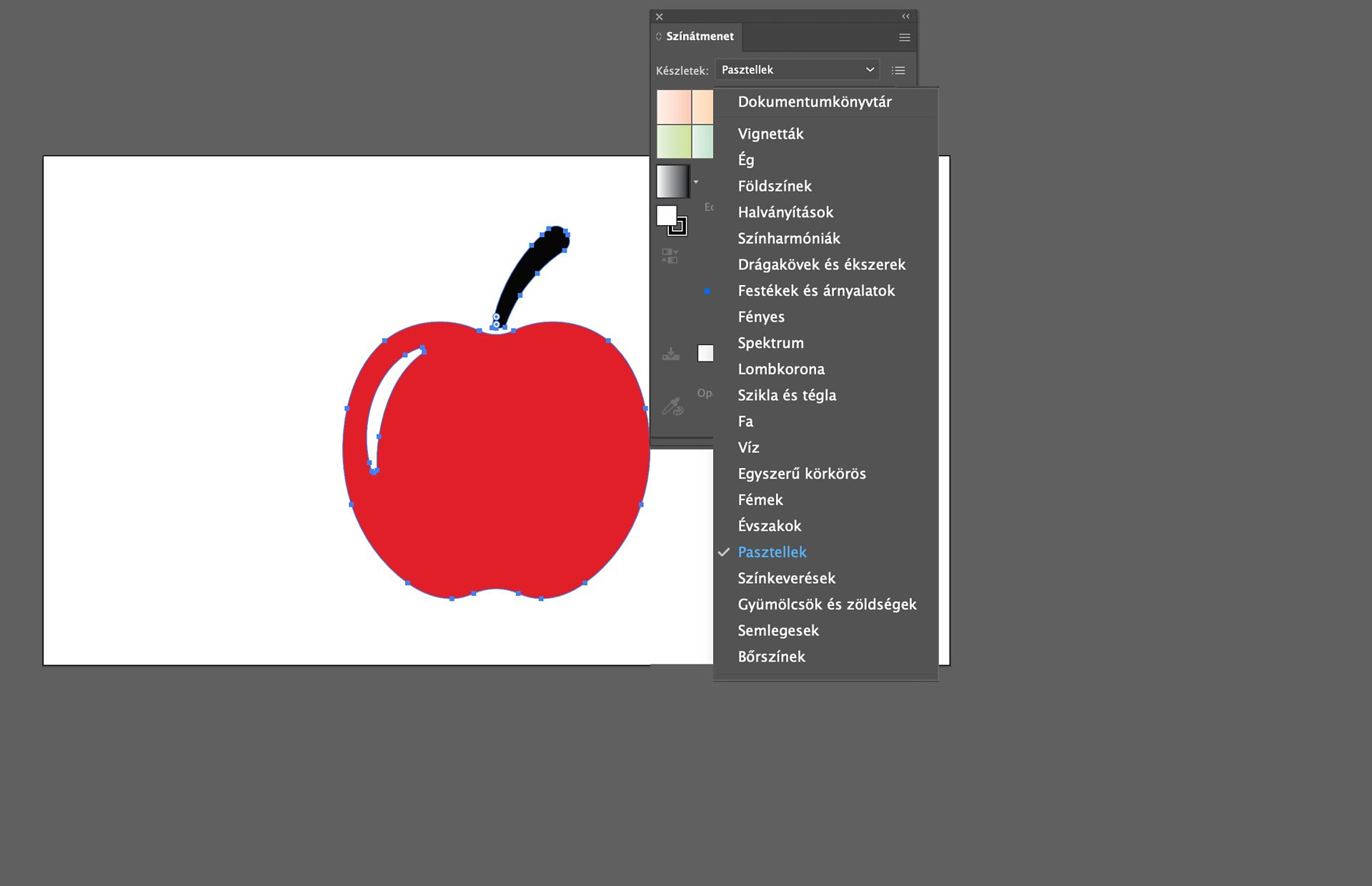 Színátmenet panel megnyitott Készletek menüvel, amely az új és klasszikus színátmenet-gyűjteményeket mutatja.