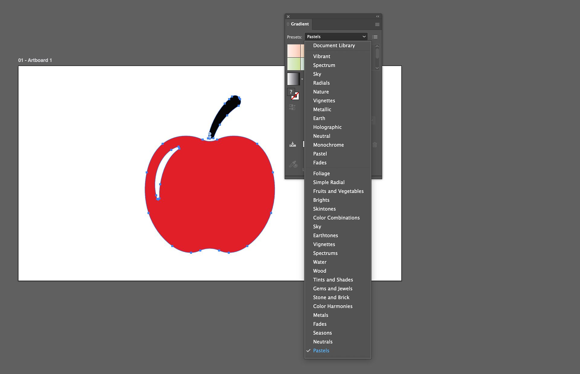 Gradient panel with the Presets menu open, showing new and classic gradient collections.