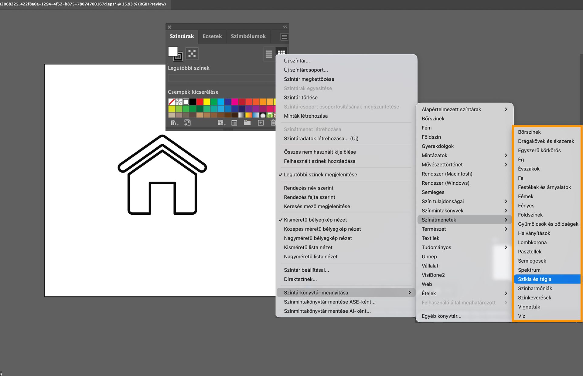 A Színtárak panel menüje a Színmintakönyvtárak menü alatt több, kiválasztásra kész színátmenet-lehetőséget jelenít meg.