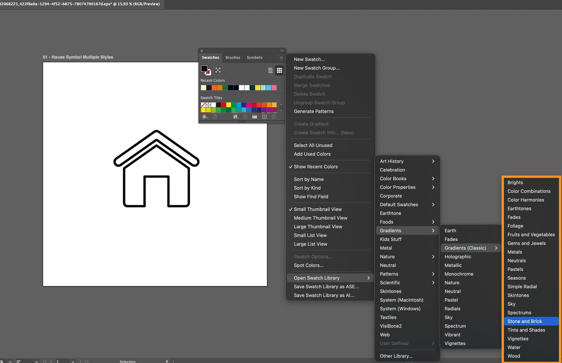 The Swatches panel menu under the Open Swatch Library menu displays several gradient options ready for selection.
