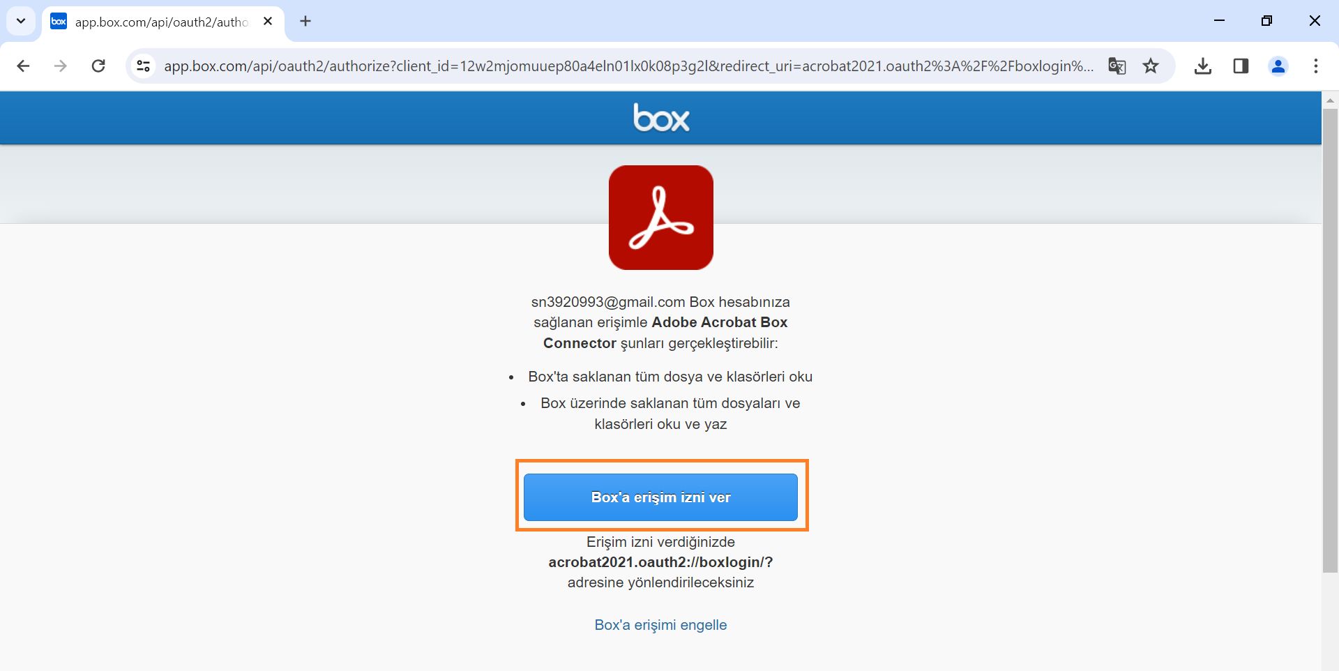 Box'a erişim izni ver