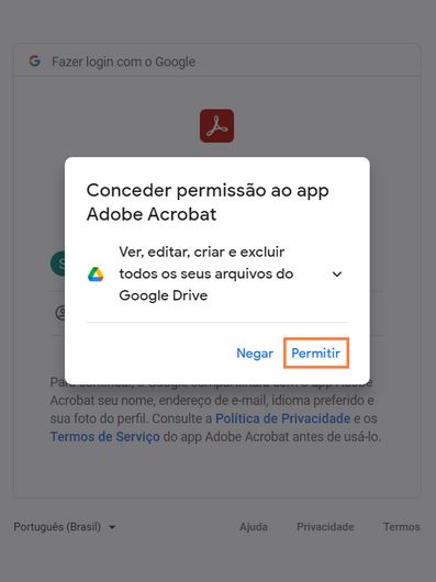 Caixa de diálogo de permissão para acessar arquivos