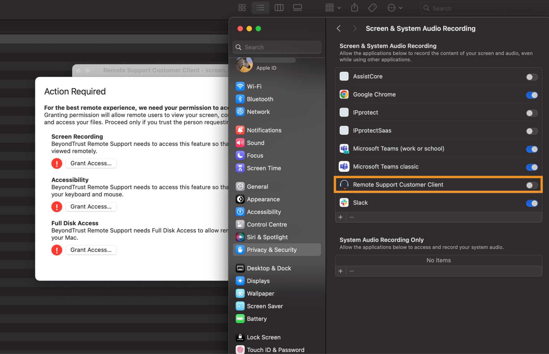 The Screen and System Audio Recording screen under Privacy & Security tab of System Settings showing the apps with toggle buttons to record screen and system audio. 