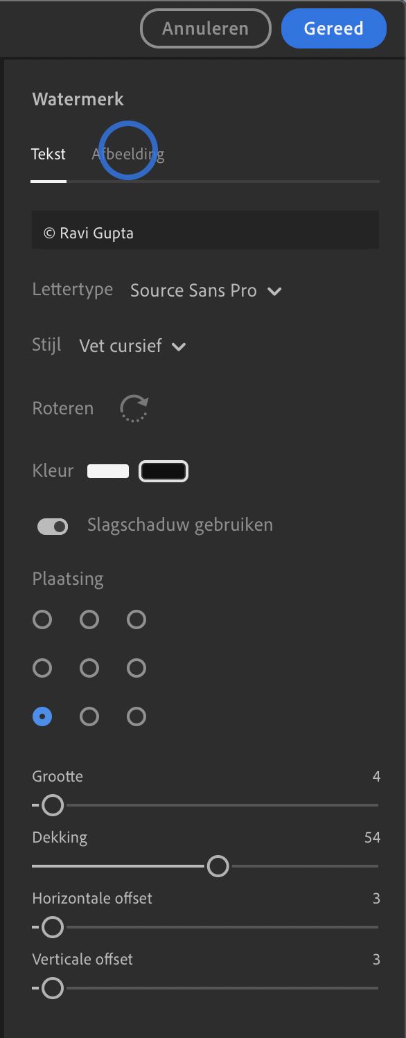 De instellingen voor afbeeldingswatermerk in Lightroom voor desktop