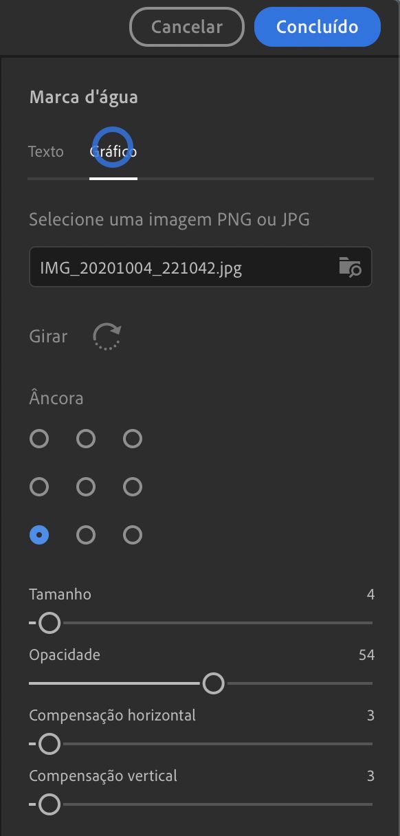 Configurações de marca d'água gráfica no Lightroom para desktop