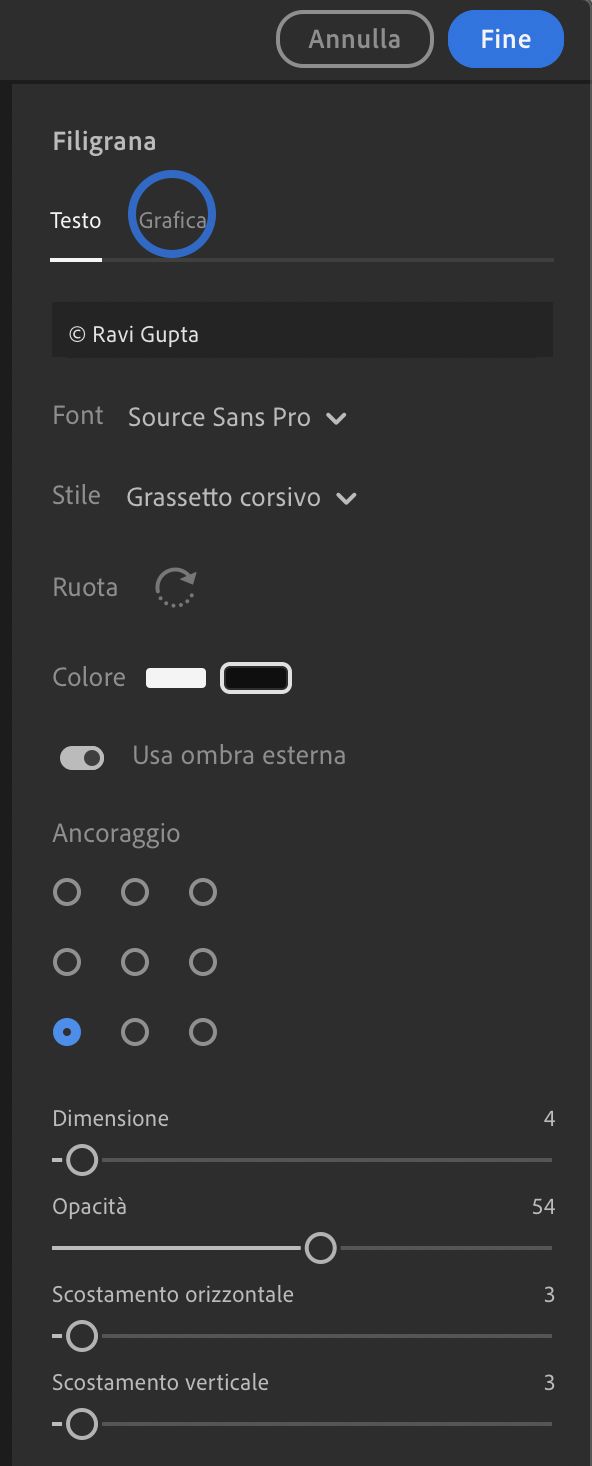 Impostazioni di Filigrana con grafica in Lightroom desktop