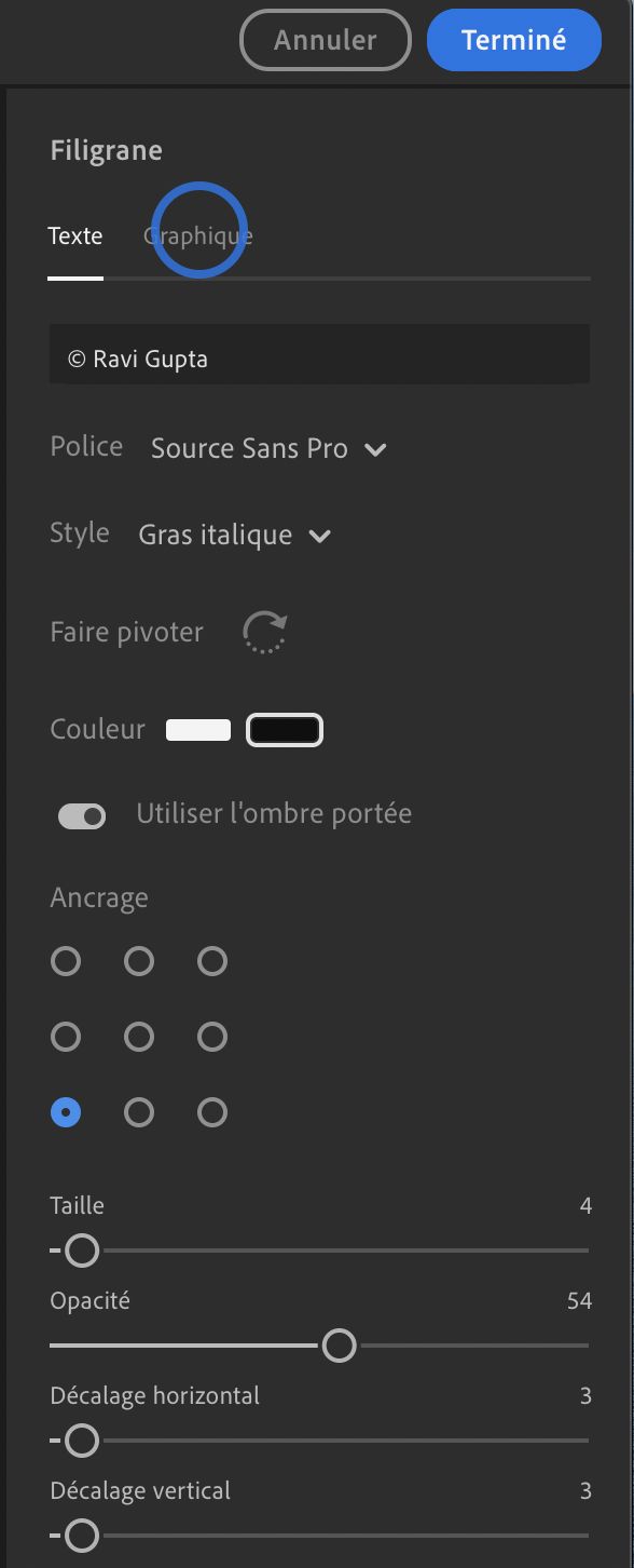 Paramètres de filigrane graphique dans Lightroom pour poste de travail