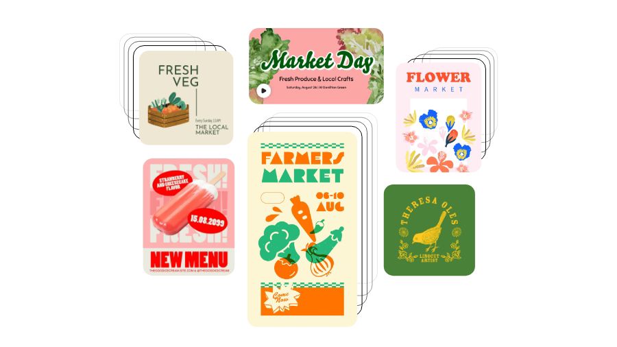 Six professionally designed Adobe Express templates promoting a farmer’s market