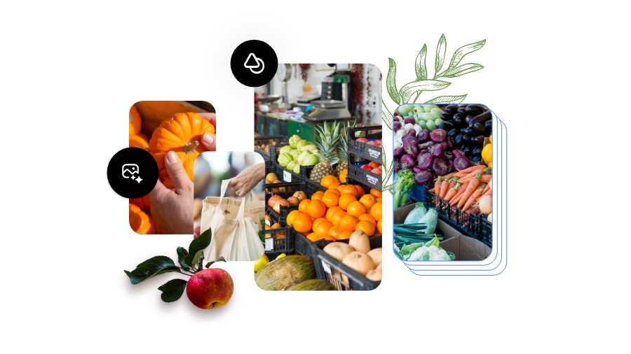 Three different images of fruits and vegetables available in Adobe Express