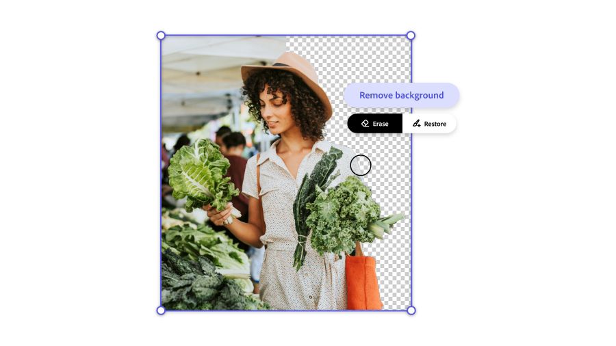 An image of a person holding vegetables in her hand with the background being removed in Adobe Express