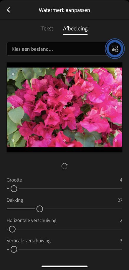 De instellingen voor afbeeldingswatermerk in Lightroom voor mobiele apparaten (iOS)