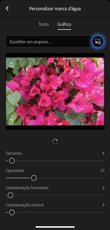 As configurações gráficas de marca d'água no Lightroom para celular (iOS)