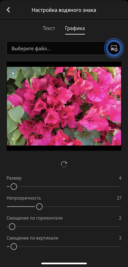 Настройки графических водяных знаков в Lightroom для мобильных устройств (iOS)