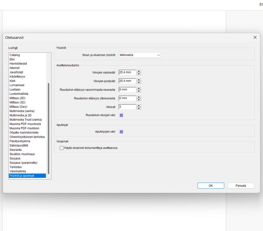 Ruudukon asetusten muuttaminen.