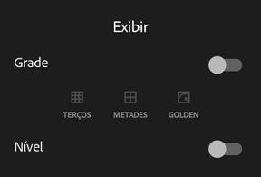 Opções de Sobreposição do visor no Adobe Photoshop Lightroom for mobile (Android)