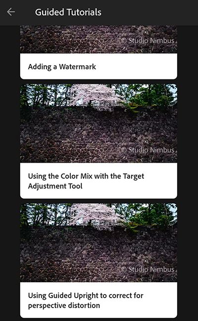 Samouczki z przewodnikiem dla aplikacji Lightroom CC na urządzenia mobilne (Android)