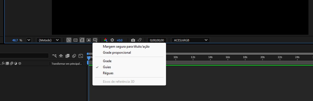 O menu de contexto de seleção de opções de grades e guias aberto com as guias selecionadas.
