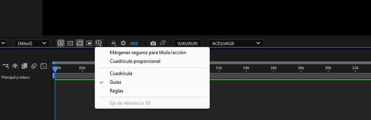 El menú contextual de las opciones de cuadrícula y guía se abre y las guías se seleccionan.