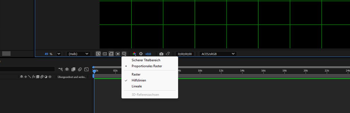 Das Kontextmenü „Optionen für Raster und Hilfslinien wählen“ ist geöffnet und „Hilfslinien“ ist ausgewählt.