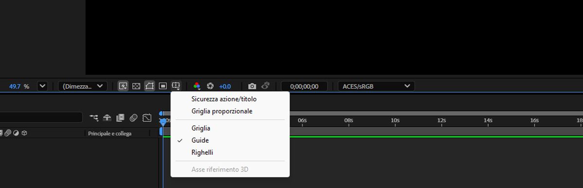 Il menu di scelta rapida delle opzioni Scegli griglia e guida è aperto e le guide sono selezionate.