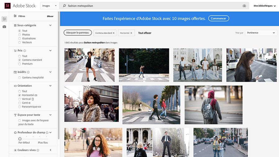 Site web Adobe Stock affiché dans un navigateur et « fashion metropolitan » saisi dans le champ de recherche