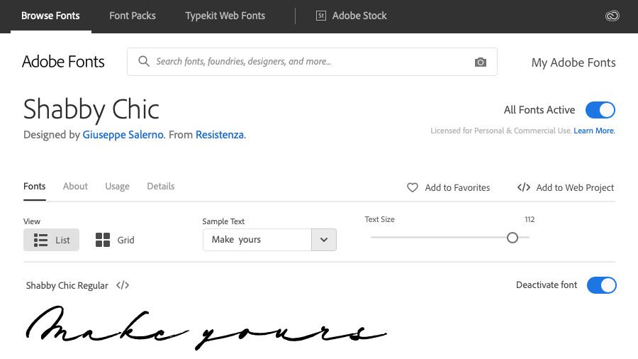 Adobe Fonts 웹 사이트에 손글씨체 Shabby Chic 글꼴이 표시됨