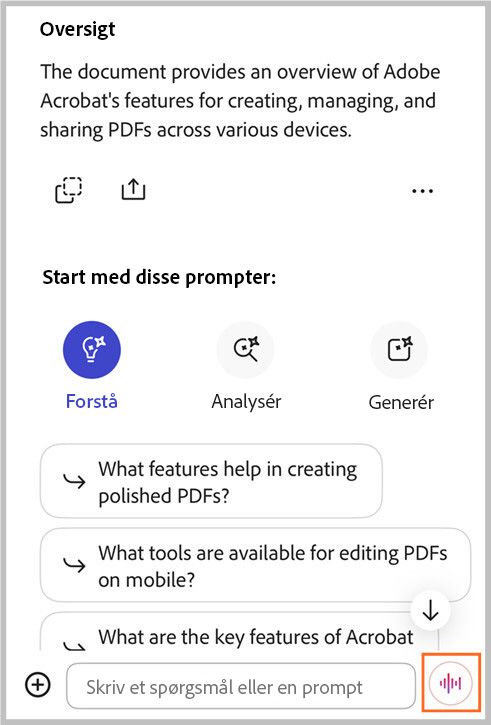 AI-assistentens understøttelse af håndfri tale i Acrobat iOS