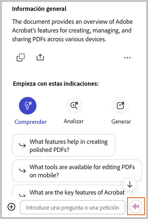 Compatibilidad con voz con manos libre del asistente de AI en Acrobat iOS