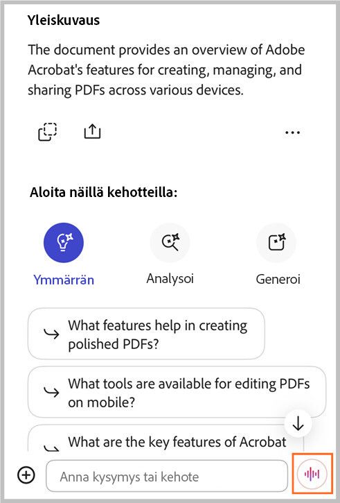 Tekoälyavustajan handsfree-äänituki Acrobat iOS:ssa