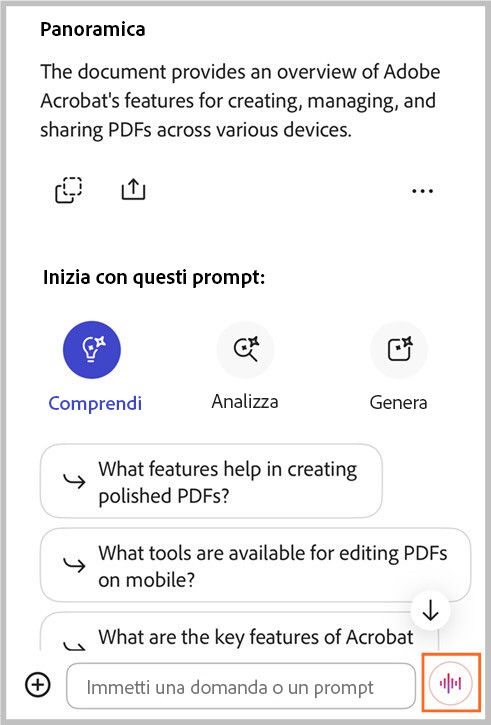 Supporto vocale a mani libere gratuito dell’Assistente IA in Acrobat iOS