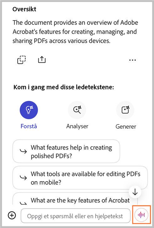 AI Assistant Handsfree-talestøtte i Acrobat iOS