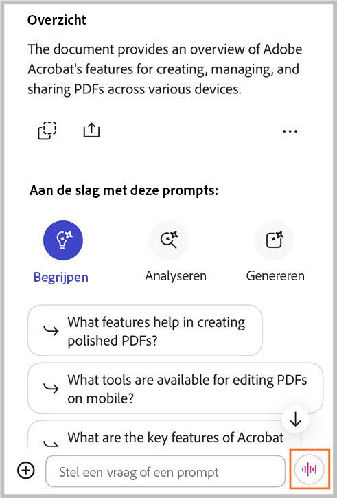 AI-assistent handsfree spraakondersteuning in Acrobat iOS