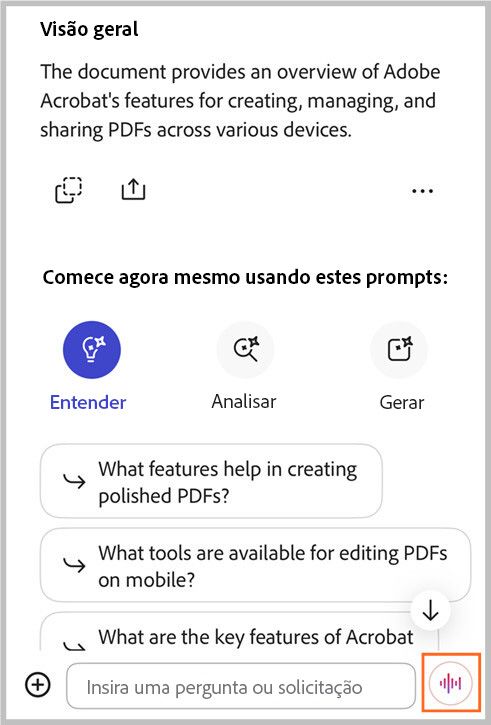 Função de voz com mãos livres do assistente de IA no Acrobat para iOS