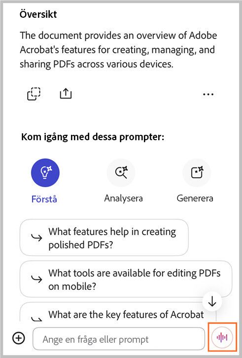 Stöd för AI-assistentens röst i handsfree-läge i Acrobat iOS