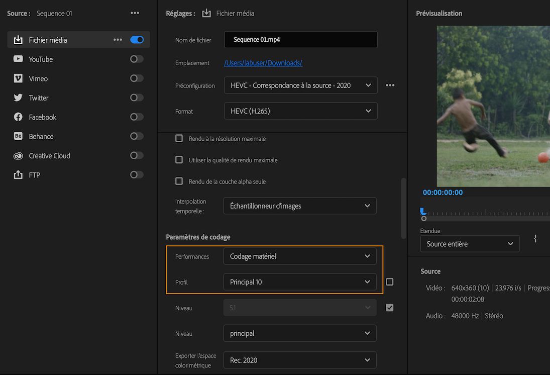 Activer le codage avec accélération matérielle pour HEVC 4:2:0 10 bits sur macOS