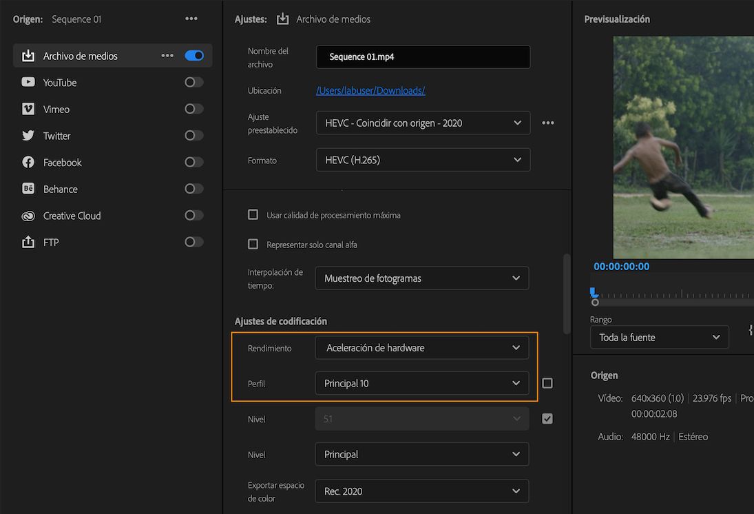 Activación de la codificación acelerada por hardware para 4:2:0 HEVC de 10 bits en macOS