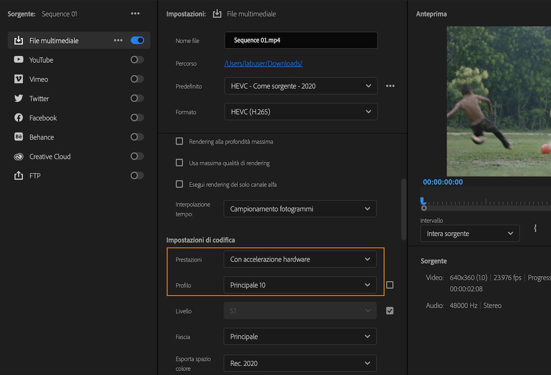 Abilitare la codifica con accelerazione hardware per HEVC 4:2:0 a 10 bit in macOS