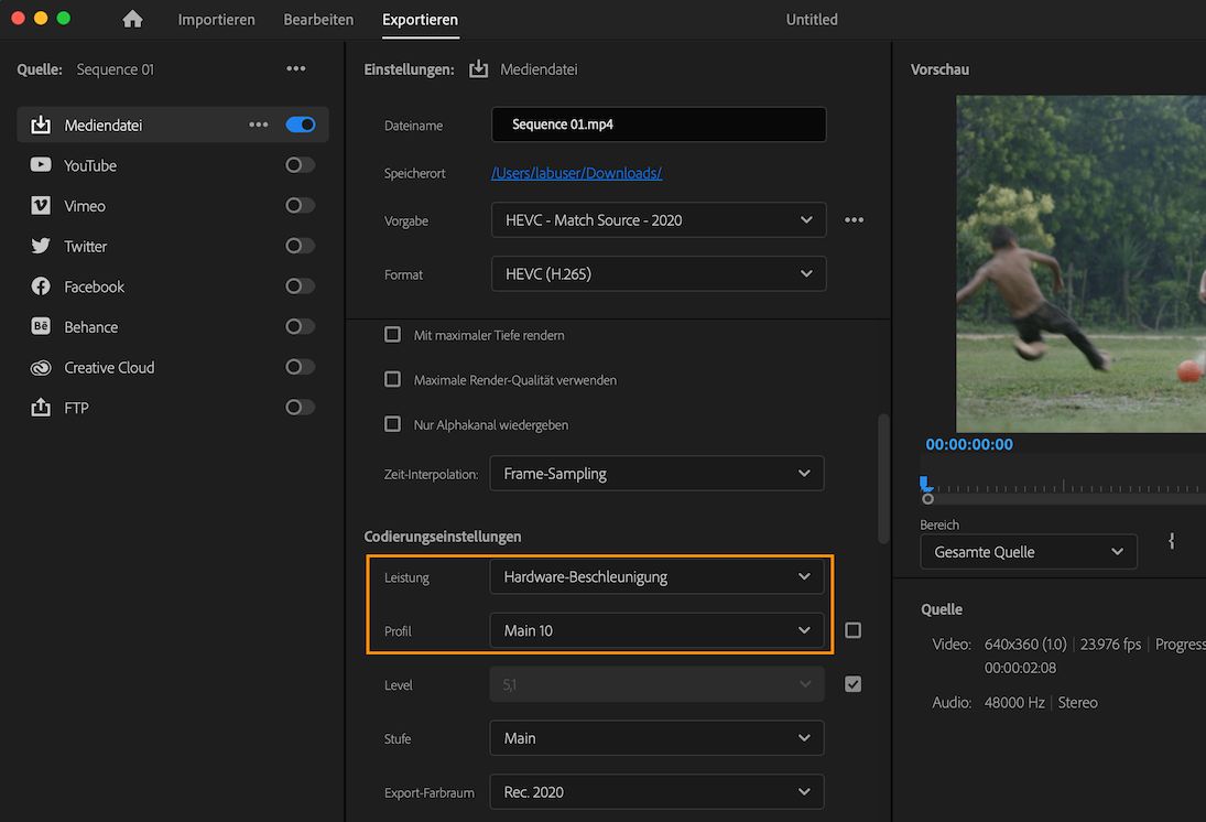 Aktivieren der hardwarebeschleunigten Codierung für 10-Bit-4:2:0-HEVC unter macOS